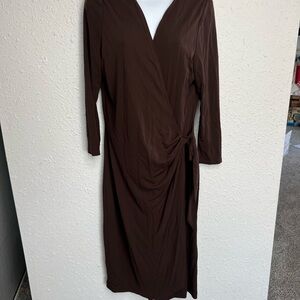 Ralph Lauren Brown Ruched Wrap Dress Long Sleeve V-Neck